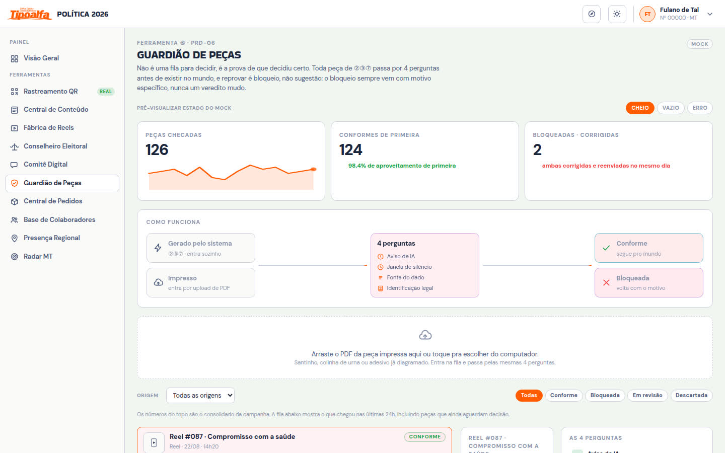 Tela do Guardião de Peças, as 4 perguntas do gate automático e upload de PDF